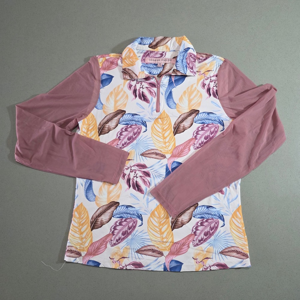Hannah Childs Tropical Leaf Print Mesh Sleeve Quarter Zip Sun Shirt Womens Med